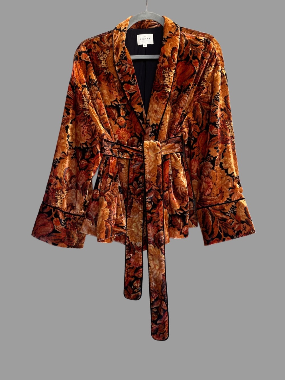 SEZANE Orange & Black Fall Floral Belted Velvet Lapels Blazer Gwendal Jacket - Picture 15 of 15